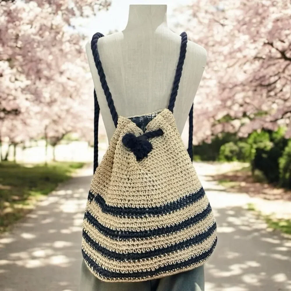 Cynthia Rowley Straw Drawstring Backpack Cream Navy Woven Boho Bag